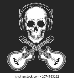 Rock music festival. Cool print for poster, banner, t-shirt. Skull wearing headphones with electric guitar. Heavy metal party. Rock-n-roll star