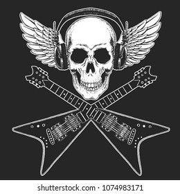Rock music festival. Cool print for poster, banner, t-shirt. Skull wearing headphones with electric guitar. Heavy metal party. Rock-n-roll star