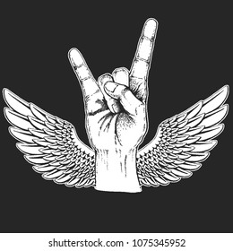 Rock music festival. Cool print for poster, banner, t-shirt with hand. Rock-n-roll star