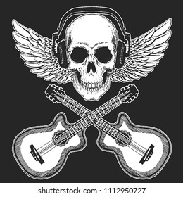 Rock music festival. Cool print with skull and headphones for poster, banner, t-shirt. Guitars, wings