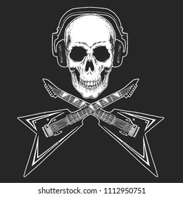 Rock music festival. Cool print with skull and headphones for poster, banner, t-shirt. Guitars