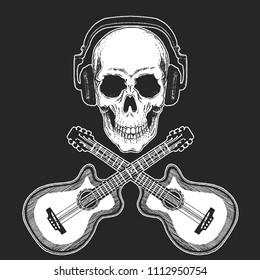 Rock music festival. Cool print with skull and headphones for poster, banner, t-shirt. Guitars