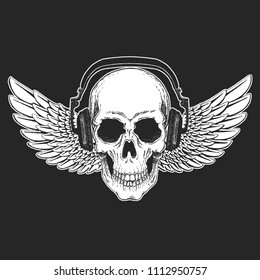 Rock music festival. Cool print with skull and headphones for poster, banner, t-shirt. Guitars, wings