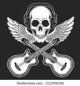 Rock music festival. Cool print with skull and headphones for poster, banner, t-shirt. Guitars, wings