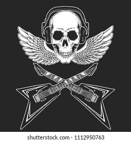 Rock music festival. Cool print with skull and headphones for poster, banner, t-shirt. Guitars, wings