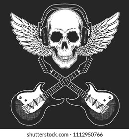 Rock music festival. Cool print with skull, guitars, wings, headphones for poster, banner, t-shirt.