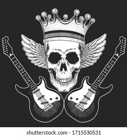 Rock music festival. Cool print with skull, guitars, wings, headphones for poster, banner, t-shirt.