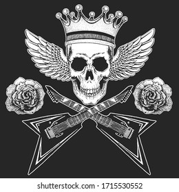 Rock music festival. Cool print with skull, guitars, wings, headphones for poster, banner, t-shirt.
