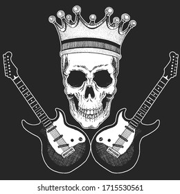 Rock music festival. Cool print with skull, guitars, wings, headphones for poster, banner, t-shirt.
