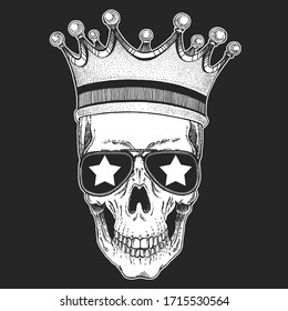 Rock music festival. Cool print with skull, guitars, wings, headphones for poster, banner, t-shirt.