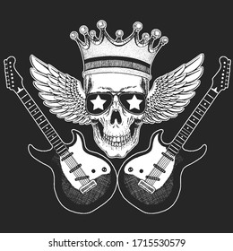 Rock music festival. Cool print with skull, guitars, wings, headphones for poster, banner, t-shirt.