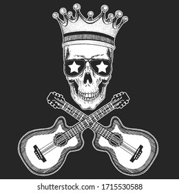 Rock music festival. Cool print with skull, guitars, wings, headphones for poster, banner, t-shirt.