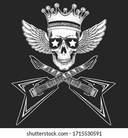 Rock music festival. Cool print with skull, guitars, wings, headphones for poster, banner, t-shirt.