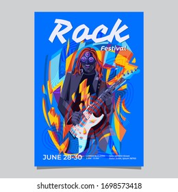 Rock music festival or event poster flyer template, with guitar player expressing the music. Colorful lightning bolt background.