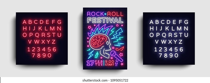 Rock Music Festival Flyer design template. Rock and Roll Neon Sign, Light Banner, Design Rock Concert Invitation, Neon Style, Brochure, Typography, Neon Advertising. Vector. Editing text neon sign