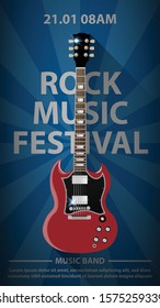 Rock music festival flyer poster design template, red guitar on dark blue background, vector illustration