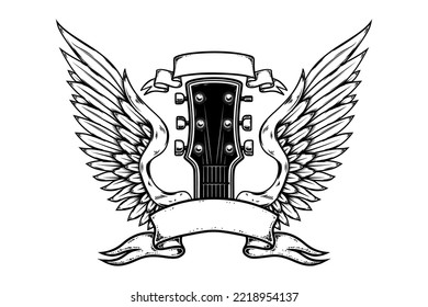 Rock music festival. Illustration of winged rock guitar. Design element for logo, label, sign. Vector illustration