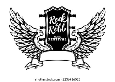 Rock music festival. Illustration of winged rock guitar. Design element for logo, label, sign. Vector illustration