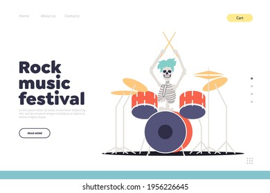 Rock music festival landing page with skeleton drummer playing drums. Scary musician for halloween party or rock concert concept. Funny cartoon skull punk performer. Flat vector illustration