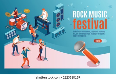 Rock Music Festival landing page with people singing and playing various musical instruments, modern concert poster, audio blog concept, Isometric Vector illustration on isolated background