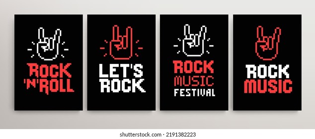 Rock Music Festival and Let's Rock signs in Pixel Art style vector template. Pixelated Rock n roll designs collection for print tee, apparel and poster design. Rock music finger symbols or icons