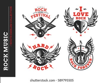 Rock music festival logo, emblem and print collections on a white background