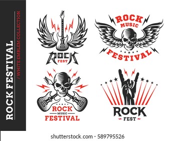 Rock music festival logo, emblem and print collections on a white background
