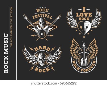 Rock music festival logo, emblem and print collections on a dark background