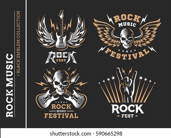 Rock music festival logo, emblem and print collections on a dark background