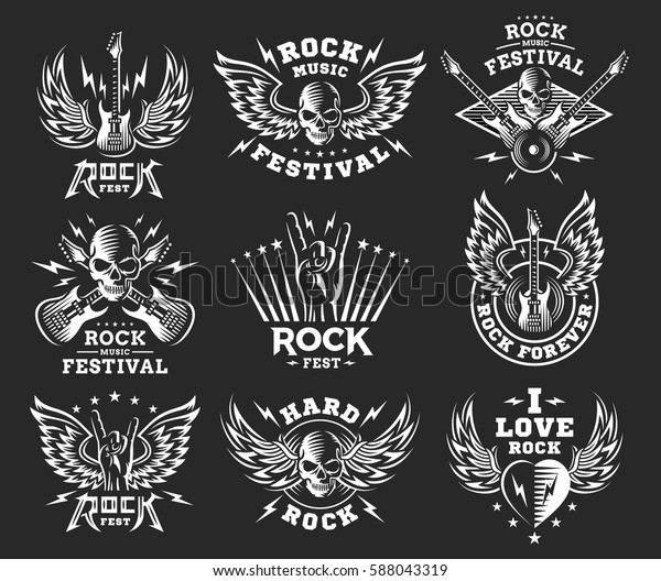 Rock music festival logo, illustration and\
print collections on a dark\
background