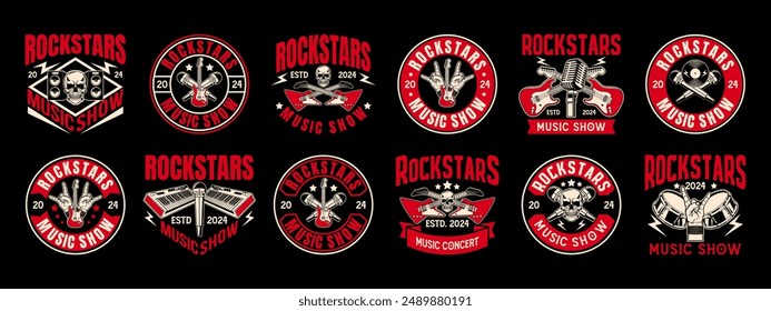 Rock-Musikfestival-Logo-Zeichen-Abzeichen-Vektorgrafik-Kollektion. Klassisches Hard Rock Festival und Rockers Music Club Logo mit Retro-Stil Vektorgrafik Design. Set von Design-Elementen für Rock and Roll Music Festival