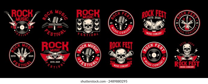 Logo del festival de música de Rock colección de Vector. Antiguas hard rock festival y rockers music club logo con diseño de Vector de estilo retro. Conjunto de Elementos de diseño para el festival de música rock and roll