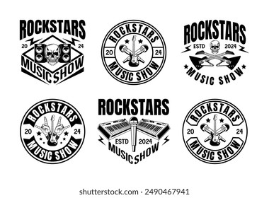 Rock music festival logo sign badge vector collection. Vintage hard rock festival and rockers music club logo with retro style vector design. Set of design elements for rock and roll music festival