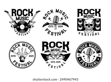 Rock music festival logo sign badge vector collection. Vintage hard rock festival and rockers music club logo with retro style vector design. Set of design elements for rock and roll music festival