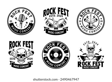 Logo del festival de música de Rock colección de Vector. Antiguas hard rock festival y rockers music club logo con diseño de Vector de estilo retro. Conjunto de Elementos de diseño para el festival de música rock and roll