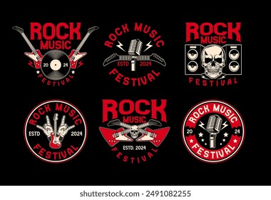 Rock music festival logo sign badge vector collection. Vintage hard rock festival and rockers music club logo with retro style vector design. Set of design elements for rock and roll music festival