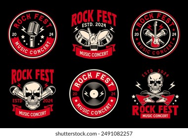 Rock music festival logo sign badge vector collection. Vintage hard rock festival and rockers music club logo with retro style vector design. Set of design elements for rock and roll music festival