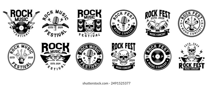 Rock music festival logo sign badge vector collection. Vintage hard rock festival and rockers music club logo with retro style vector design. Set of design elements for rock and roll music festival