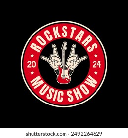 Rock music festival logo sign badge vector isolated. Vintage hard rock festival and rockers music club logo with retro style vector design. Design elements for rock and roll music festival