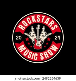 Rock music festival logo sign badge vector isolated. Vintage hard rock festival and rockers music club logo with retro style vector design. Design elements for rock and roll music festival