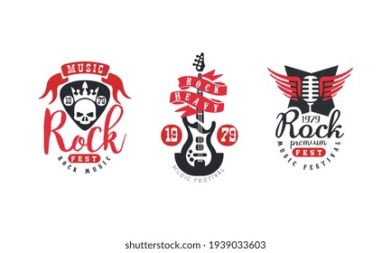 Rock Music Festival Logo Templates Set, Musical Event Retro Badges Vector Illustration