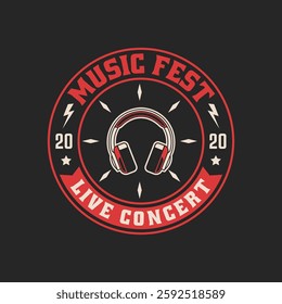 Rock music festival logo vector template isolated. Retro rock festival and rockers music club logo with retro style vector design in black background