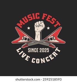 Rock music festival logo vector template isolated. Retro rock festival and rockers music club logo with retro style vector design in black background