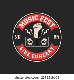 Rock music festival logo vector template isolated. Retro rock festival and rockers music club logo with retro style vector design in black background