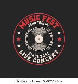 Rock music festival logo vector template isolated. Retro rock festival and rockers music club logo with retro style vector design in black background