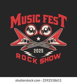 Rock music festival logo vector template isolated. Retro rock festival and rockers music club logo with retro style vector design in black background