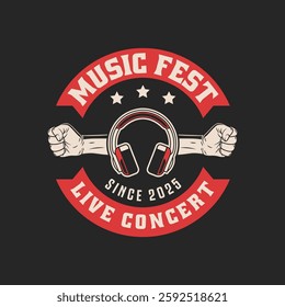 Rock music festival logo vector template isolated. Retro rock festival and rockers music club logo with retro style vector design in black background