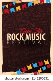 Rock Music Festival. Open Air. Flyer design Template with hand-draw doodle on the background