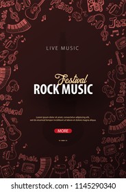 Rock Music Festival. Open Air. Flyer design Template with hand-draw doodle on the background