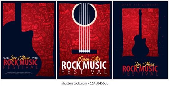 Rock Music Festival. Open Air. Set of Flyers design Template with hand-draw doodle on the background